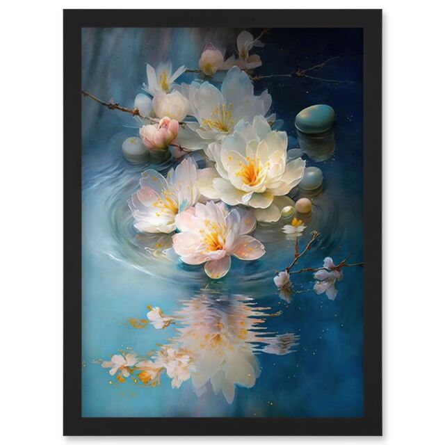 Artery8 Fallen Cherry Blossom Flower Water Ripples Modern Watercolour Painting Artwork Framed Wall Art Print A4 in Black - image 1