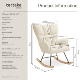 tectake Rocking Chair Torve Plush Padding, Quilted Pattern, Wooden Runners in Beige - thumbnail 6