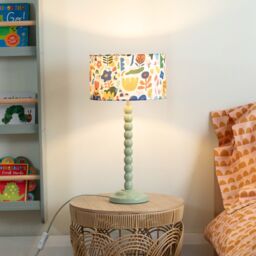 ValueLights Bobbins Sage Green Table Lamp with Fabric Jungle Drum Lamp Shade