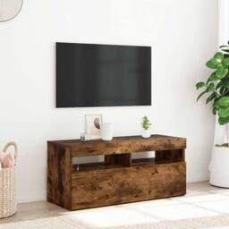Berkfield Home TV Cabinet with LED Lights Smoked Oak 90x35x40 cm in Brown - Size: 90 x 35 x 40 cm - thumbnail 2