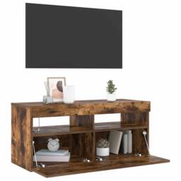Berkfield Home TV Cabinet with LED Lights Smoked Oak 90x35x40 cm in Brown - Size: 90 x 35 x 40 cm - thumbnail 4