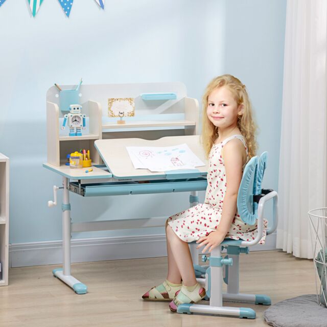 HOMCOM Kids Desk & Chair Set, Height Adjustable Study Table for 3-12 Years in Blue - image 1
