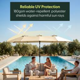 Keplin Double Garden Parasol with Base & Cover (4.5x2.7m), Polyester Canopy in Cream - thumbnail 3