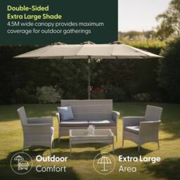 Keplin Double Garden Parasol with Base & Cover (4.5x2.7m), Polyester Canopy in Cream - thumbnail 2