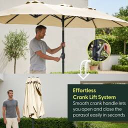 Keplin Double Garden Parasol with Base & Cover (4.5x2.7m), Polyester Canopy in Cream - thumbnail 4