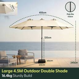 Keplin Double Garden Parasol with Base & Cover (4.5x2.7m), Polyester Canopy in Cream - thumbnail 8