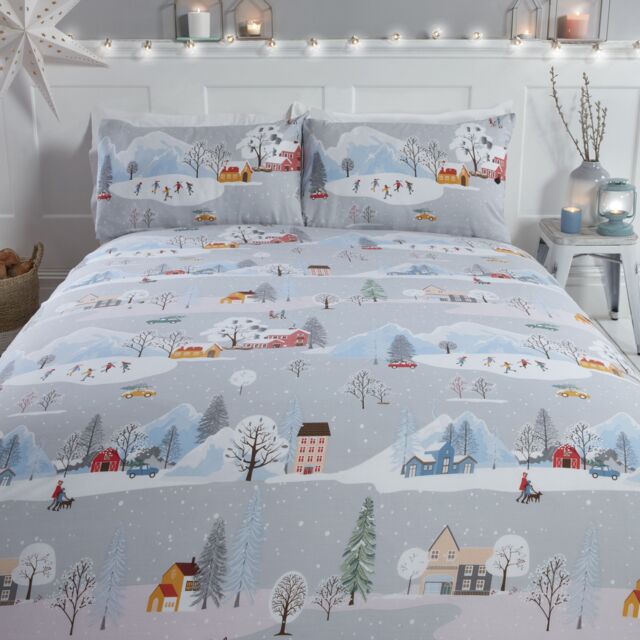 Rapport Home Winter Town Polycotton Duvet Cover Set With Pillowcase in Silver - Size: Single - image 1