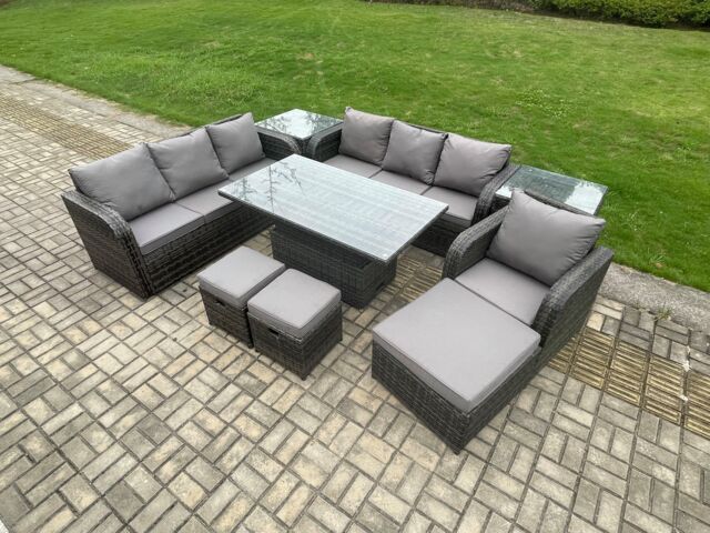Fimous PE Rattan Outdoor Garden Furniture Sets Height Adjustable Rising lifting Dining Table Sofa Set with 2 Side Tables Reclining Chair in Dark Grey - image 1