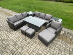 Fimous PE Rattan Outdoor Garden Furniture Sets Height Adjustable Rising lifting Dining Table Sofa Set with 2 Side Tables Reclining Chair in Dark Grey - thumbnail 1