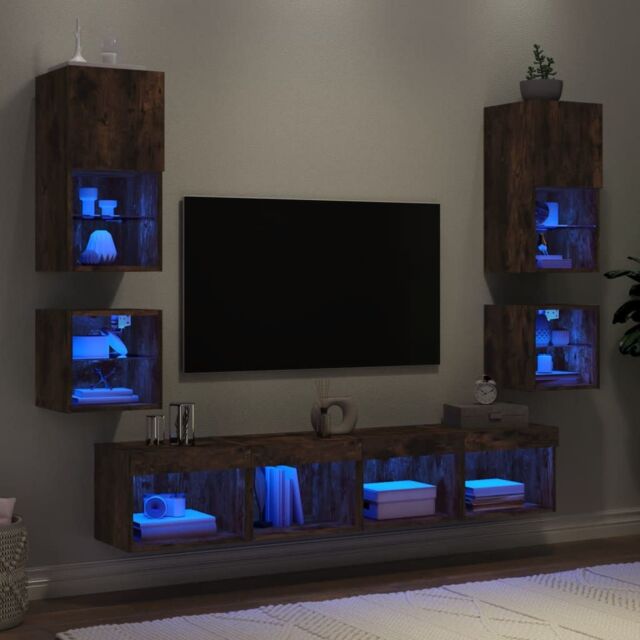 Berkfield Home 8 Piece TV Wall Units with LED Smoked Oak Engineered Wood in Brown - image 1