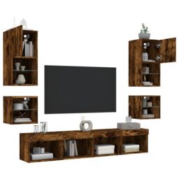 Berkfield Home 8 Piece TV Wall Units with LED Smoked Oak Engineered Wood in Brown - thumbnail 4