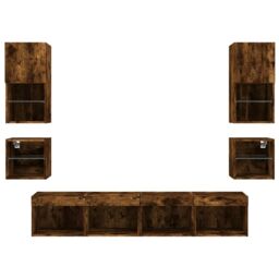 Berkfield Home 8 Piece TV Wall Units with LED Smoked Oak Engineered Wood in Brown - thumbnail 7