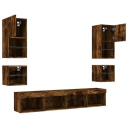 Berkfield Home 8 Piece TV Wall Units with LED Smoked Oak Engineered Wood in Brown - thumbnail 5