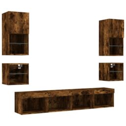 Berkfield Home 8 Piece TV Wall Units with LED Smoked Oak Engineered Wood in Brown - thumbnail 6