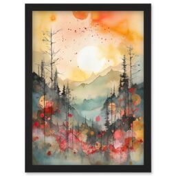 Artery8 Sunrise Over Misty Mountain Forest Landscape Modern Watercolour Painting Artwork Framed Wall Art Print A4 in Black - thumbnail 1