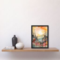 Artery8 Sunrise Over Misty Mountain Forest Landscape Modern Watercolour Painting Artwork Framed Wall Art Print A4 in Black - thumbnail 2