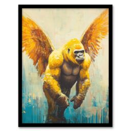 Artery8 Golden Yellow Gorilla Angel Wings Oil Painting Framed Art Print - Size: A4 - thumbnail 1