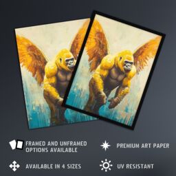 Artery8 Golden Yellow Gorilla Angel Wings Oil Painting Framed Art Print - Size: A4 - thumbnail 2