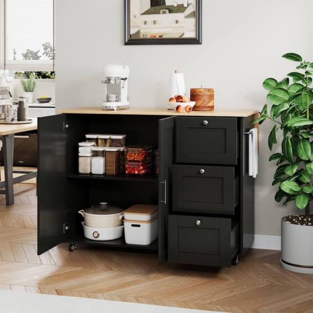 Merax 135cm Rolling Kitchen Island Trolley with Foldable Worktop & 3 Drawers in Black - image 1