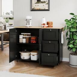 Merax 135cm Rolling Kitchen Island Trolley with Foldable Worktop & 3 Drawers in Black