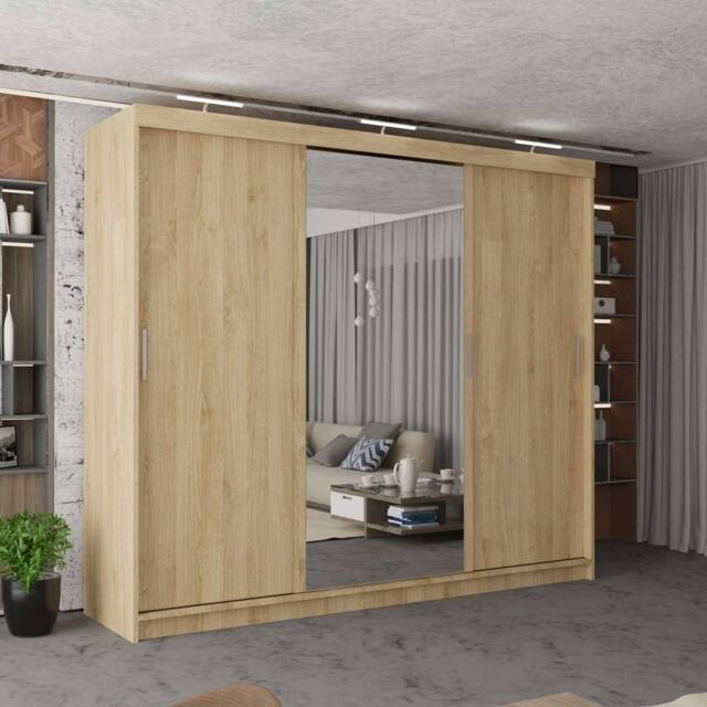 MN Furniture Modern 3 Door Sliding Wardrobe with LED, Mirror & Drawers 250cm in Brown - image 1