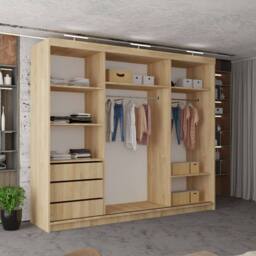 MN Furniture Modern 3 Door Sliding Wardrobe with LED, Mirror & Drawers 250cm in Brown - thumbnail 3