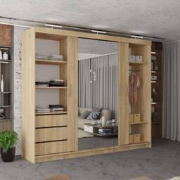 MN Furniture Modern 3 Door Sliding Wardrobe with LED, Mirror & Drawers 250cm in Brown - thumbnail 2