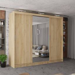 MN Furniture Modern 3 Door Sliding Wardrobe with LED, Mirror & Drawers 250cm in Brown - thumbnail 1