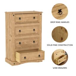 HD Designs Corona 4 Drawer Chest of Drawers Solid Wood Storage Bedroom Furniture in Brown - thumbnail 5