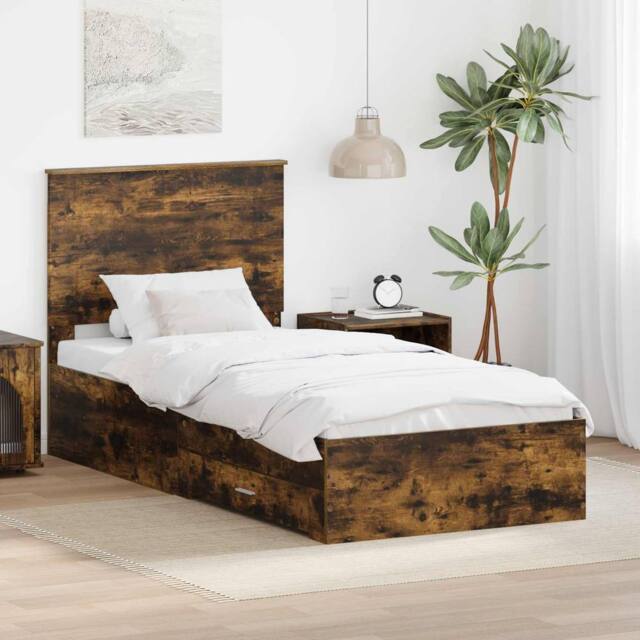 Berkfield Home Bed Frame Smoked Oak & Silver 75 x 190 cm Engineered Wood in Brown - image 1