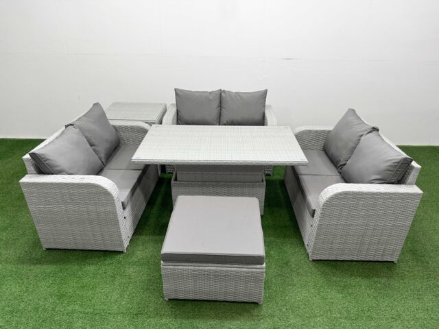 Fimous 7 Seater PE Wicker Rattan Furniture Sofa Sets w/ Adjustable Lifting Dining or Coffee Table 2 Seater Love Sofa Big Footstool Side Table Light - image 1