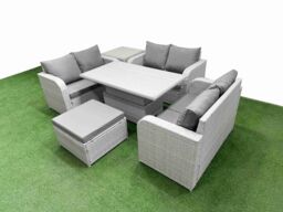 Fimous 7 Seater PE Wicker Rattan Furniture Sofa Sets w/ Adjustable Lifting Dining or Coffee Table 2 Seater Love Sofa Big Footstool Side Table Light - thumbnail 2
