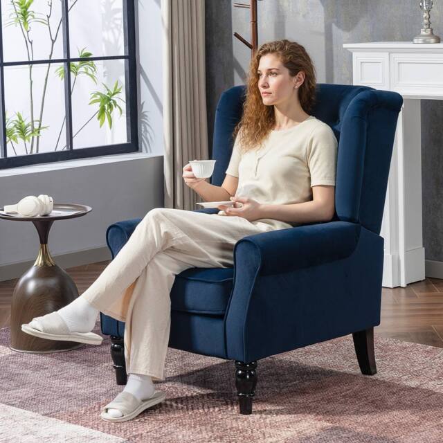 HOMCOM Retro Accent Chair Wingback Armchair with Wood Frame for Living Room in Dark Blue - Size: 1 Seater - image 1