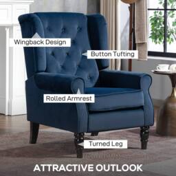 HOMCOM Retro Accent Chair Wingback Armchair with Wood Frame for Living Room in Dark Blue - Size: 1 Seater - thumbnail 4