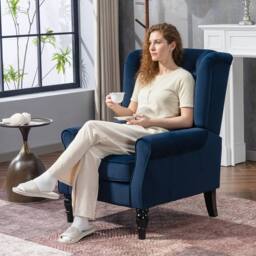 HOMCOM Retro Accent Chair Wingback Armchair with Wood Frame for Living Room in Dark Blue - Size: 1 Seater