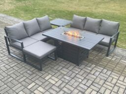 Fimous Aluminium 7 Seater Outdoor Garden Furniture Lounge Sofa Set Gas Fire Pit Dining Table with Big Footstool Side Table in Dark Grey - thumbnail 1