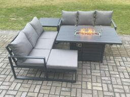 Fimous Aluminium 7 Seater Outdoor Garden Furniture Lounge Sofa Set Gas Fire Pit Dining Table with Big Footstool Side Table in Dark Grey - thumbnail 2