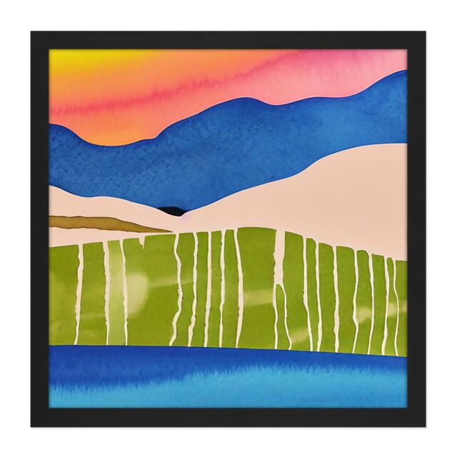 "Artery8 Wall Art Print Abstract Sunset Landscape Watercolour Land Sea Sky Square Framed Picture 16X16 Inch in Black - Size: W16"" x H16""" - image 1