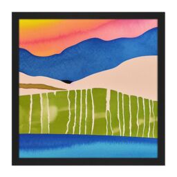 "Artery8 Wall Art Print Abstract Sunset Landscape Watercolour Land Sea Sky Square Framed Picture 16X16 Inch in Black - Size: W16"" x H16""" - thumbnail 1