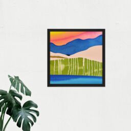 "Artery8 Wall Art Print Abstract Sunset Landscape Watercolour Land Sea Sky Square Framed Picture 16X16 Inch in Black - Size: W16"" x H16""" - thumbnail 2