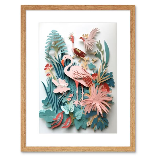 "Artery8 Wall Art Print Tropical Plants & Birds Multi-Dimensional Paper Kirigami Artwork Framed 9X7 Inch in Beige - Size: W7"" x H9""" - image 1