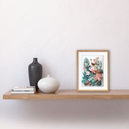 "Artery8 Wall Art Print Tropical Plants & Birds Multi-Dimensional Paper Kirigami Artwork Framed 9X7 Inch in Beige - Size: W7"" x H9""" - thumbnail 2