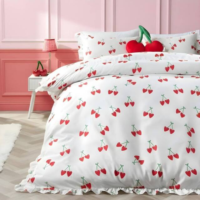 OHS Cherry Frill Edge Duvet Cover Set with Pillowcase Microfibre Bedding in White - Size: Double - image 1