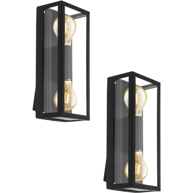 Loops 2 PACK IP44 Outdoor Wall Light Black / Square Glass shade 60W E27 Porch Lamp - image 1