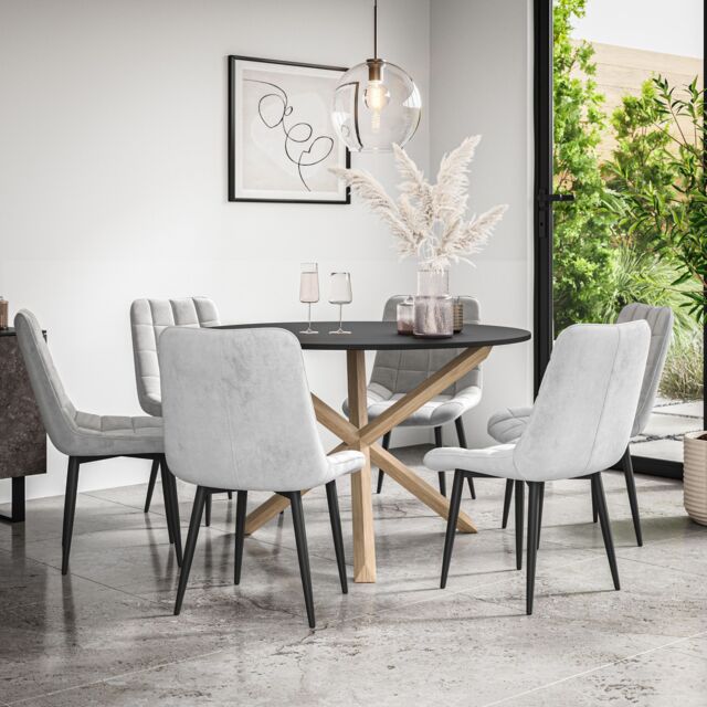 More4Homes Malvern Round Dining Table & Chairs - Black Table Top w Solid Oak Legs + Nova Velvet Dining Chair Set Of 6 in Grey - image 1