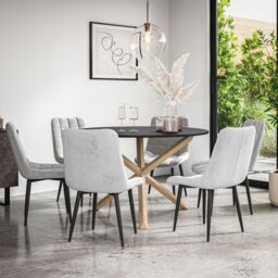 More4Homes Malvern Round Dining Table & Chairs - Black Table Top w Solid Oak Legs + Nova Velvet Dining Chair Set Of 6 in Grey - thumbnail 1