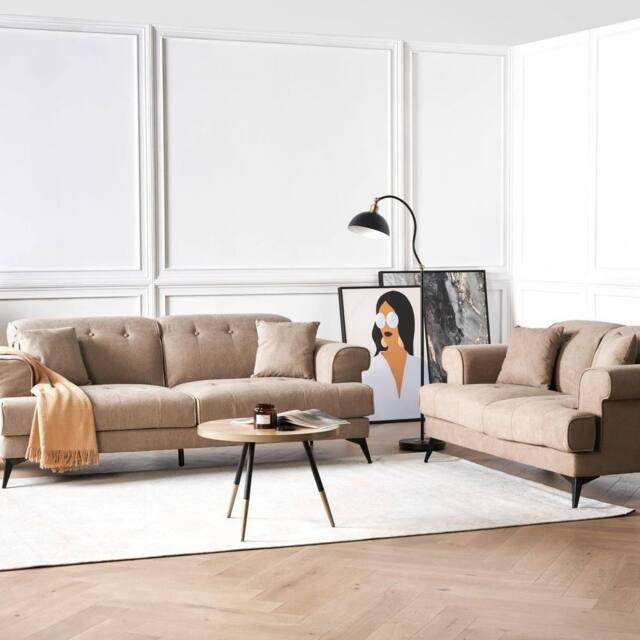 Wyld and Coco 2+3-Seater Sofa Set Light Brown Fabric with Adjustable Headrests - image 1