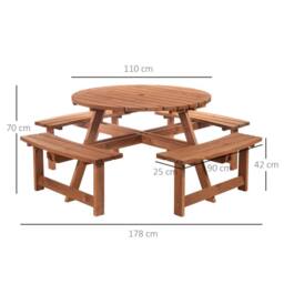 OUTSUNNY 8 Seat Outdoor Wooden Picnic Table with Bench, Parasol Hole, Brown - thumbnail 3