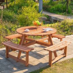 OUTSUNNY 8 Seat Outdoor Wooden Picnic Table with Bench, Parasol Hole, Brown - thumbnail 1