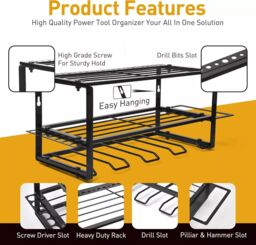 Dyzi Power Tool Organizer Wall Mount Alloy Steel Black Storage Rack - thumbnail 3